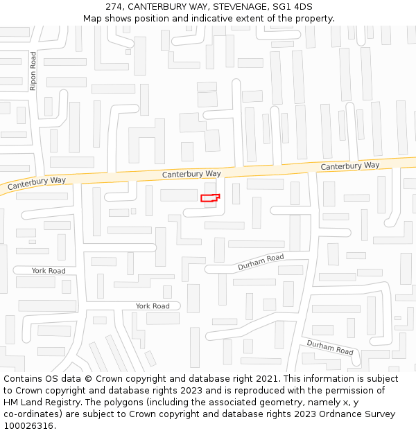 274, CANTERBURY WAY, STEVENAGE, SG1 4DS: Location map and indicative extent of plot