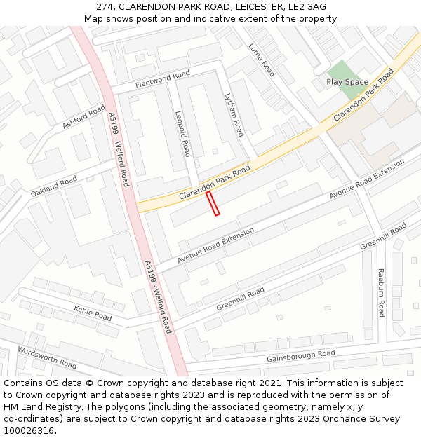 274, CLARENDON PARK ROAD, LEICESTER, LE2 3AG: Location map and indicative extent of plot