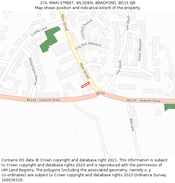 274, MAIN STREET, WILSDEN, BRADFORD, BD15 0JR: Location map and indicative extent of plot