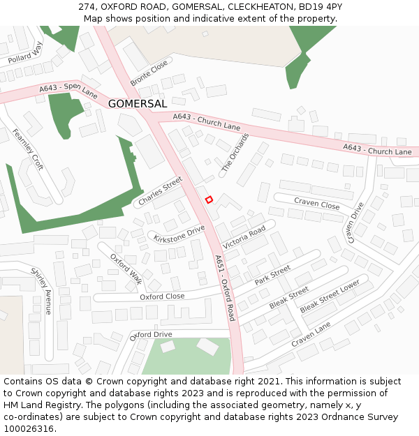 274, OXFORD ROAD, GOMERSAL, CLECKHEATON, BD19 4PY: Location map and indicative extent of plot