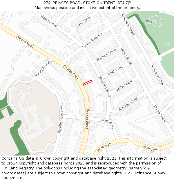 274, PRINCES ROAD, STOKE-ON-TRENT, ST4 7JP: Location map and indicative extent of plot