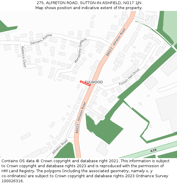 275, ALFRETON ROAD, SUTTON-IN-ASHFIELD, NG17 1JN: Location map and indicative extent of plot
