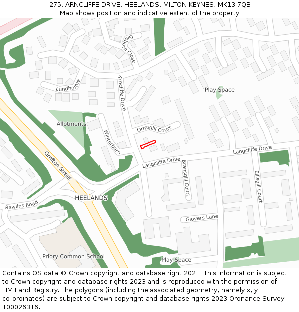 275, ARNCLIFFE DRIVE, HEELANDS, MILTON KEYNES, MK13 7QB: Location map and indicative extent of plot