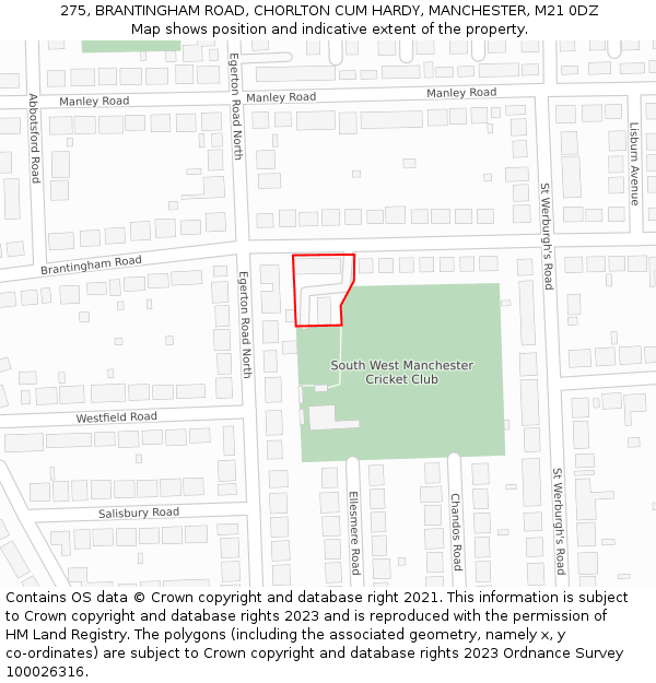 275, BRANTINGHAM ROAD, CHORLTON CUM HARDY, MANCHESTER, M21 0DZ: Location map and indicative extent of plot