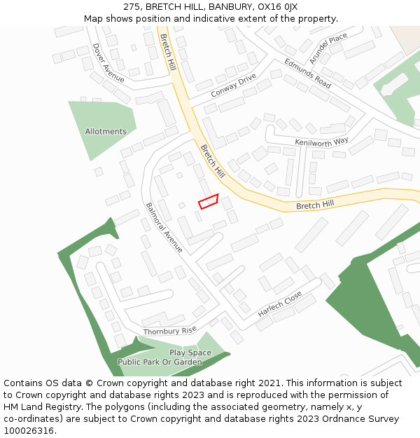 275, BRETCH HILL, BANBURY, OX16 0JX: Location map and indicative extent of plot