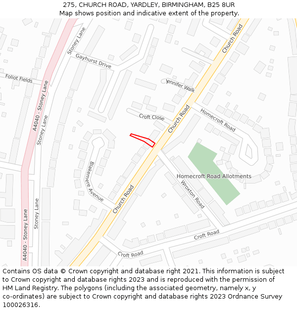 275, CHURCH ROAD, YARDLEY, BIRMINGHAM, B25 8UR: Location map and indicative extent of plot