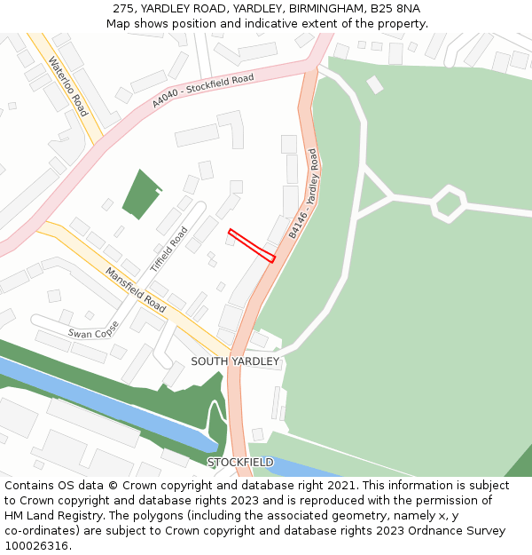 275, YARDLEY ROAD, YARDLEY, BIRMINGHAM, B25 8NA: Location map and indicative extent of plot