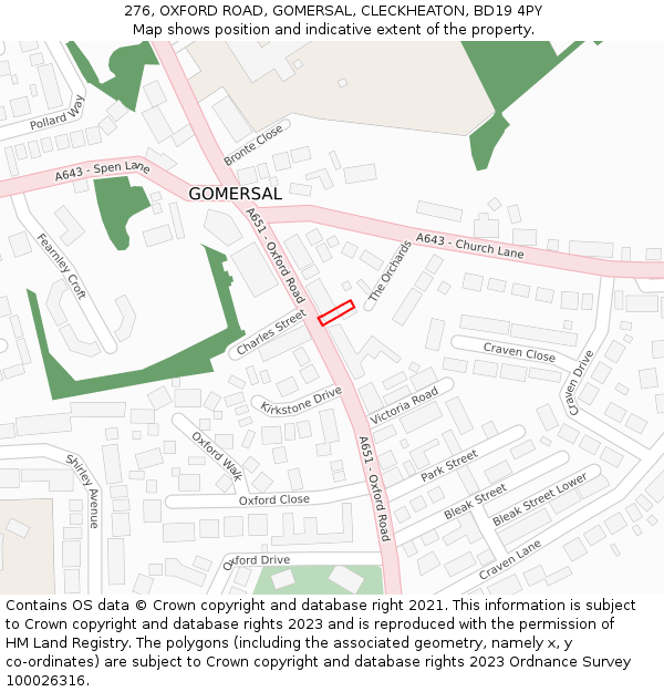 276, OXFORD ROAD, GOMERSAL, CLECKHEATON, BD19 4PY: Location map and indicative extent of plot