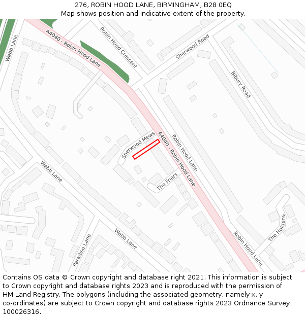 276, ROBIN HOOD LANE, BIRMINGHAM, B28 0EQ: Location map and indicative extent of plot