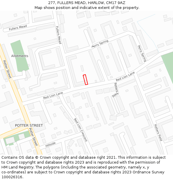 277, FULLERS MEAD, HARLOW, CM17 9AZ: Location map and indicative extent of plot
