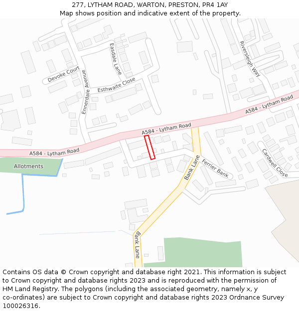 277, LYTHAM ROAD, WARTON, PRESTON, PR4 1AY: Location map and indicative extent of plot