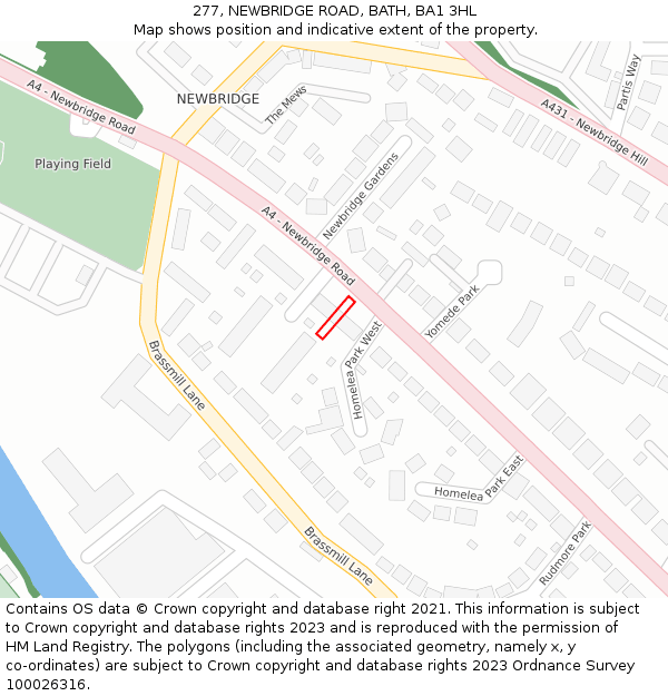 277, NEWBRIDGE ROAD, BATH, BA1 3HL: Location map and indicative extent of plot