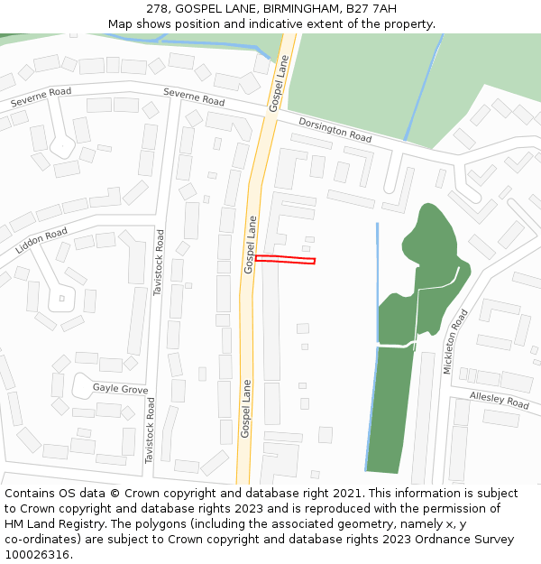 278, GOSPEL LANE, BIRMINGHAM, B27 7AH: Location map and indicative extent of plot