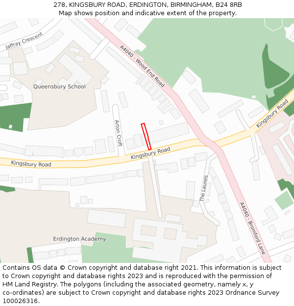 278, KINGSBURY ROAD, ERDINGTON, BIRMINGHAM, B24 8RB: Location map and indicative extent of plot
