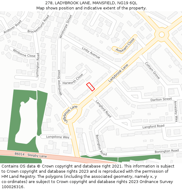 278, LADYBROOK LANE, MANSFIELD, NG19 6QL: Location map and indicative extent of plot