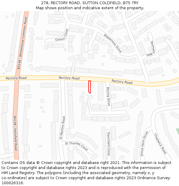 278, RECTORY ROAD, SUTTON COLDFIELD, B75 7RY: Location map and indicative extent of plot