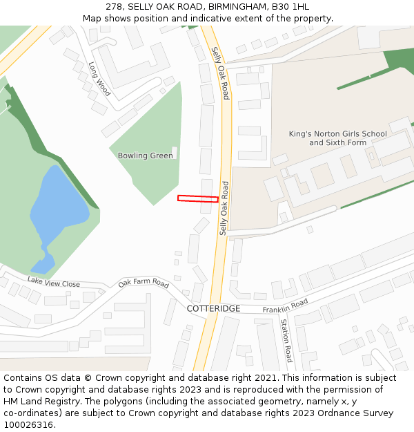 278, SELLY OAK ROAD, BIRMINGHAM, B30 1HL: Location map and indicative extent of plot