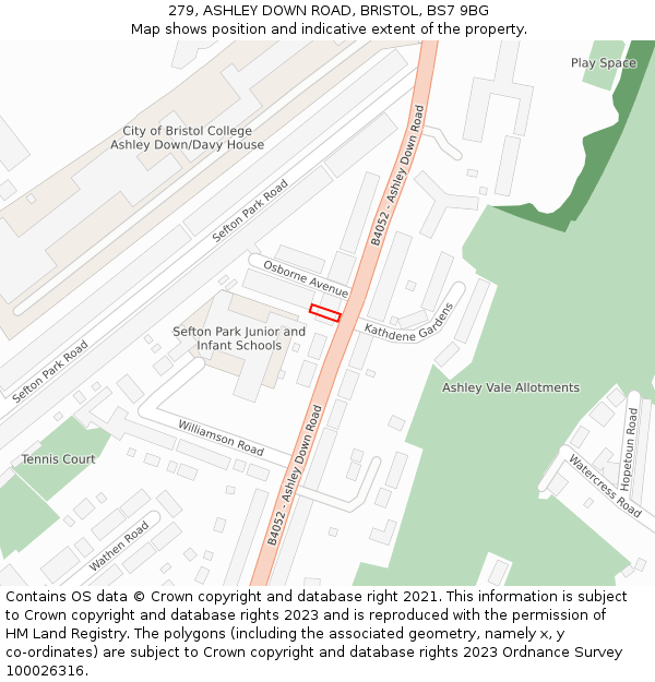 279, ASHLEY DOWN ROAD, BRISTOL, BS7 9BG: Location map and indicative extent of plot