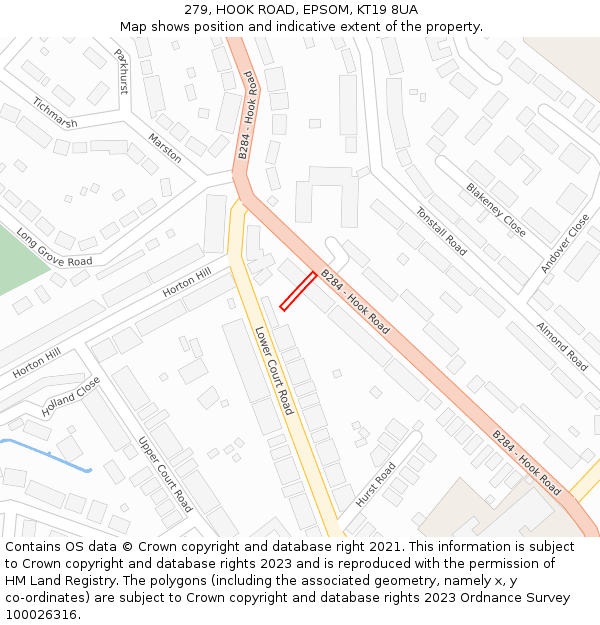 279, HOOK ROAD, EPSOM, KT19 8UA: Location map and indicative extent of plot