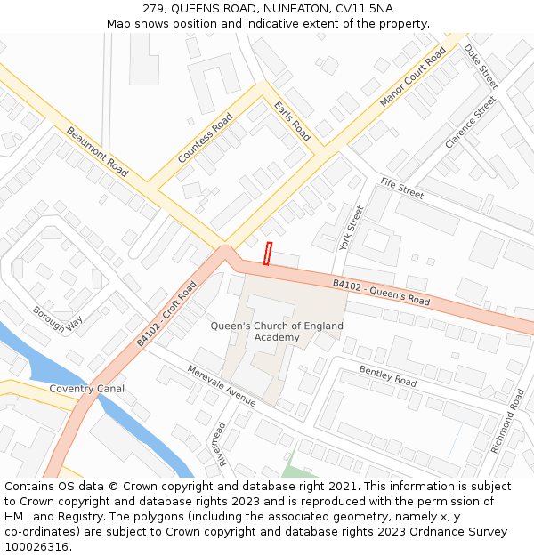 279, QUEENS ROAD, NUNEATON, CV11 5NA: Location map and indicative extent of plot