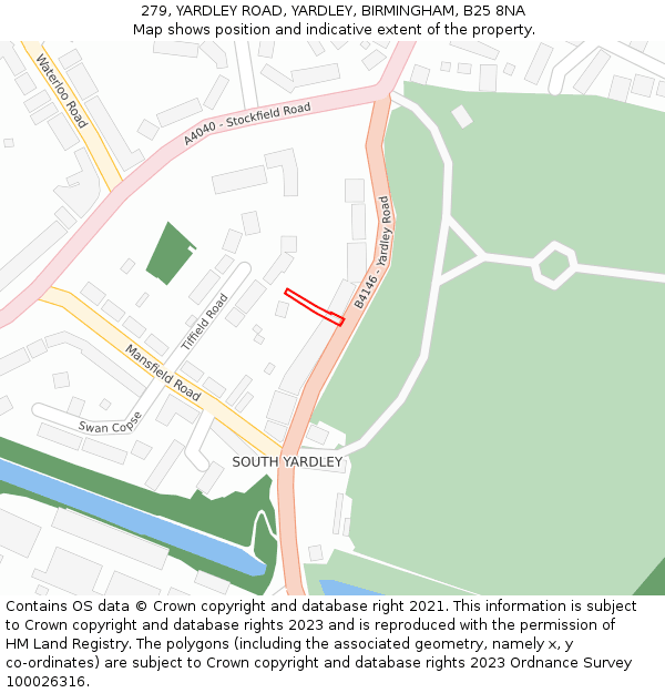 279, YARDLEY ROAD, YARDLEY, BIRMINGHAM, B25 8NA: Location map and indicative extent of plot