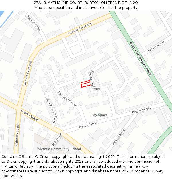 27A, BLAKEHOLME COURT, BURTON-ON-TRENT, DE14 2QJ: Location map and indicative extent of plot