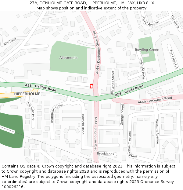 27A, DENHOLME GATE ROAD, HIPPERHOLME, HALIFAX, HX3 8HX: Location map and indicative extent of plot