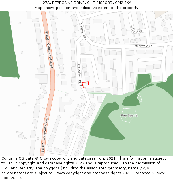 27A, PEREGRINE DRIVE, CHELMSFORD, CM2 8XY: Location map and indicative extent of plot