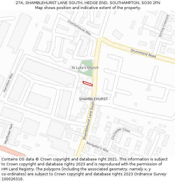 27A, SHAMBLEHURST LANE SOUTH, HEDGE END, SOUTHAMPTON, SO30 2FN: Location map and indicative extent of plot