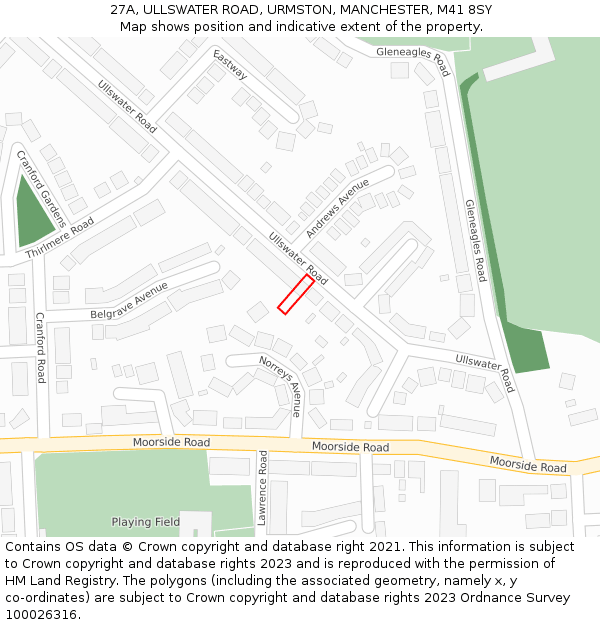 27A, ULLSWATER ROAD, URMSTON, MANCHESTER, M41 8SY: Location map and indicative extent of plot