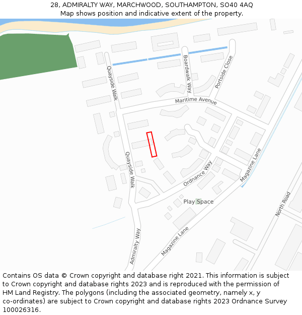 28, ADMIRALTY WAY, MARCHWOOD, SOUTHAMPTON, SO40 4AQ: Location map and indicative extent of plot