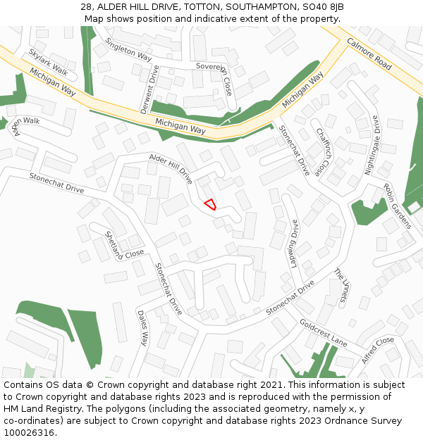 28, ALDER HILL DRIVE, TOTTON, SOUTHAMPTON, SO40 8JB: Location map and indicative extent of plot