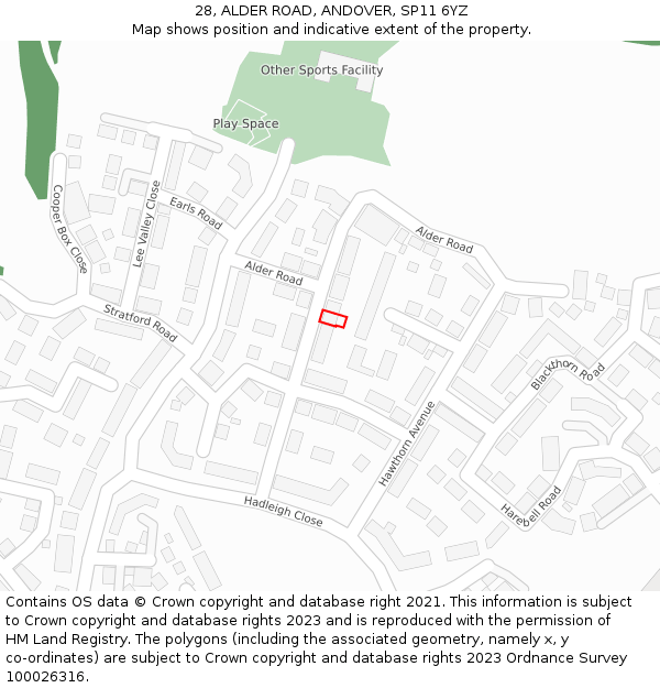 28, ALDER ROAD, ANDOVER, SP11 6YZ: Location map and indicative extent of plot