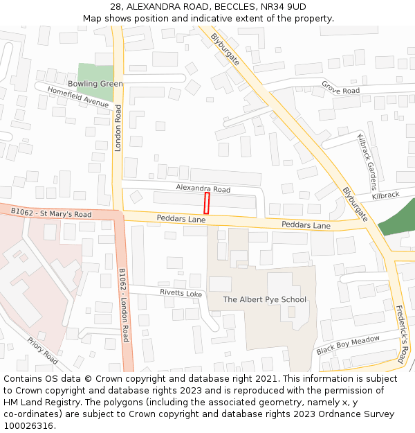 28, ALEXANDRA ROAD, BECCLES, NR34 9UD: Location map and indicative extent of plot