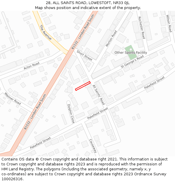 28, ALL SAINTS ROAD, LOWESTOFT, NR33 0JL: Location map and indicative extent of plot