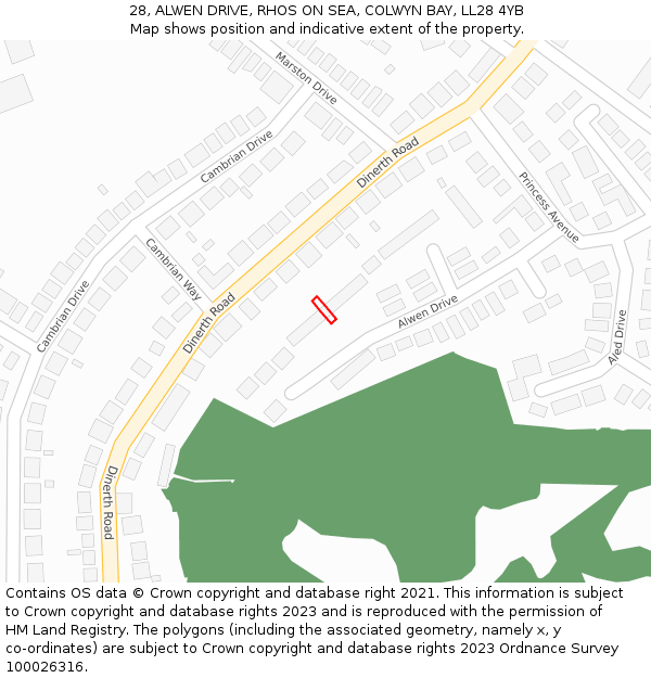 28, ALWEN DRIVE, RHOS ON SEA, COLWYN BAY, LL28 4YB: Location map and indicative extent of plot
