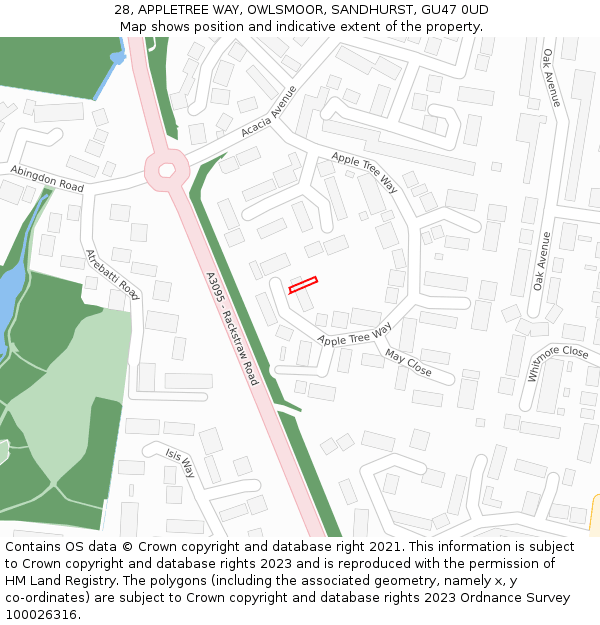 28, APPLETREE WAY, OWLSMOOR, SANDHURST, GU47 0UD: Location map and indicative extent of plot