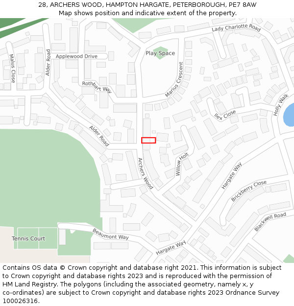 28, ARCHERS WOOD, HAMPTON HARGATE, PETERBOROUGH, PE7 8AW: Location map and indicative extent of plot