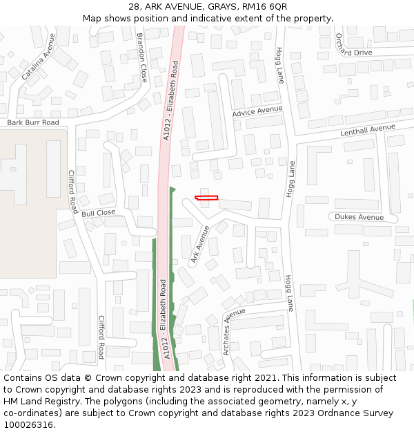 28, ARK AVENUE, GRAYS, RM16 6QR: Location map and indicative extent of plot