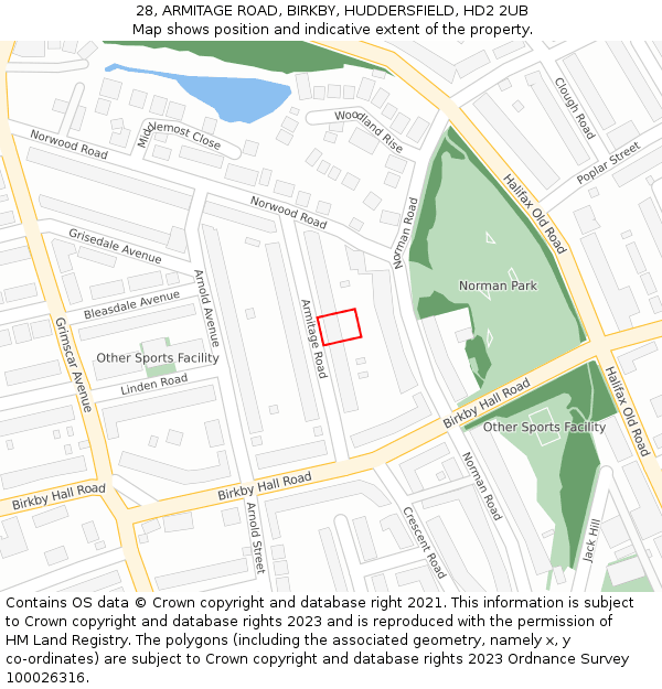 28, ARMITAGE ROAD, BIRKBY, HUDDERSFIELD, HD2 2UB: Location map and indicative extent of plot