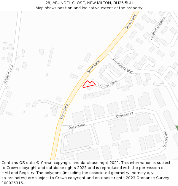 28, ARUNDEL CLOSE, NEW MILTON, BH25 5UH: Location map and indicative extent of plot