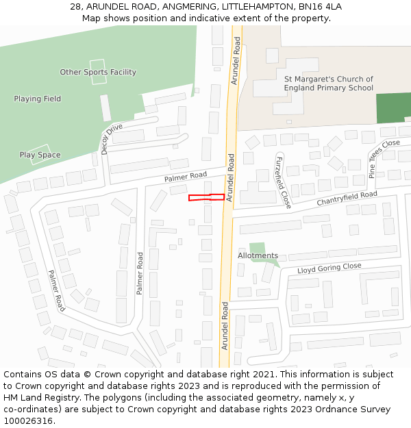 28, ARUNDEL ROAD, ANGMERING, LITTLEHAMPTON, BN16 4LA: Location map and indicative extent of plot
