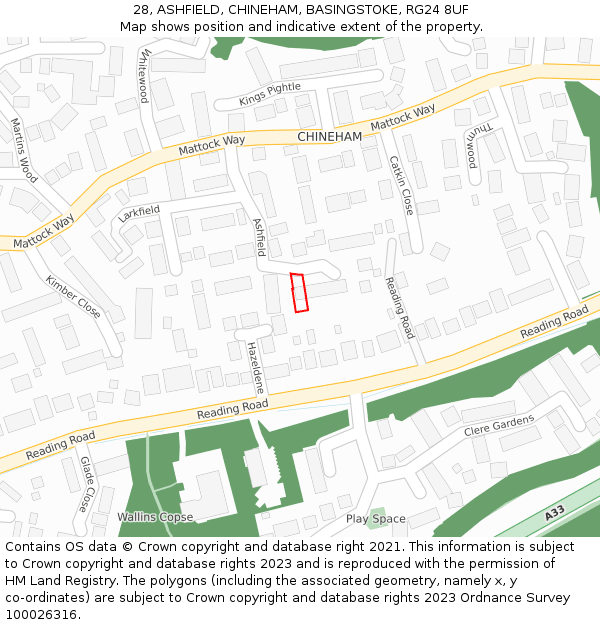 28, ASHFIELD, CHINEHAM, BASINGSTOKE, RG24 8UF: Location map and indicative extent of plot