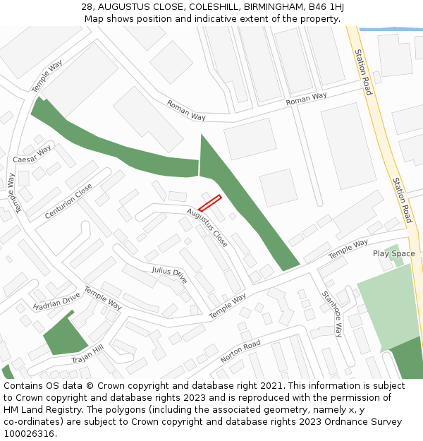 28, AUGUSTUS CLOSE, COLESHILL, BIRMINGHAM, B46 1HJ: Location map and indicative extent of plot