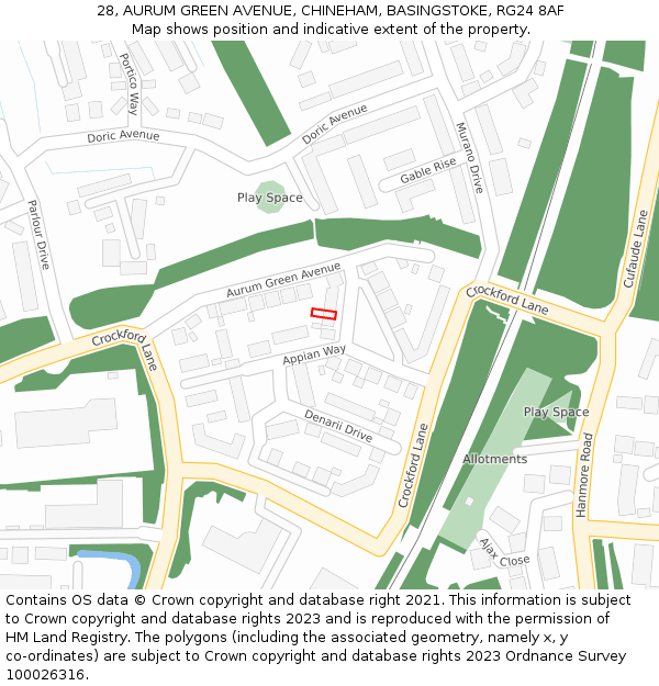28, AURUM GREEN AVENUE, CHINEHAM, BASINGSTOKE, RG24 8AF: Location map and indicative extent of plot
