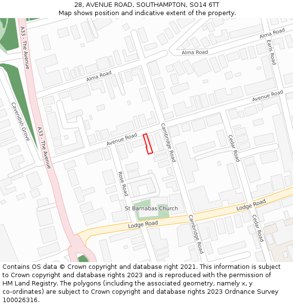 28, AVENUE ROAD, SOUTHAMPTON, SO14 6TT: Location map and indicative extent of plot