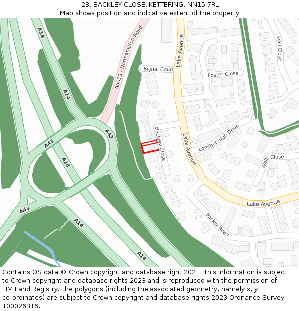 28, BACKLEY CLOSE, KETTERING, NN15 7RL: Location map and indicative extent of plot