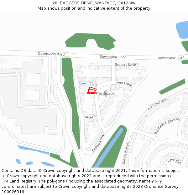 28, BADGERS DRIVE, WANTAGE, OX12 9WJ: Location map and indicative extent of plot