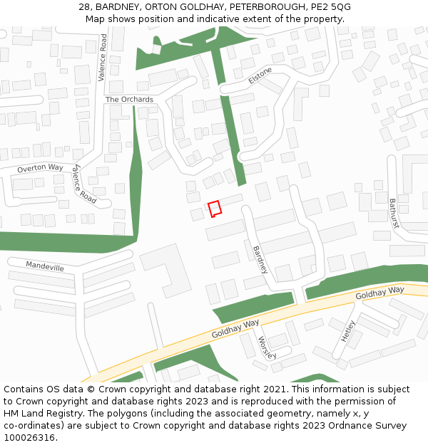 28, BARDNEY, ORTON GOLDHAY, PETERBOROUGH, PE2 5QG: Location map and indicative extent of plot
