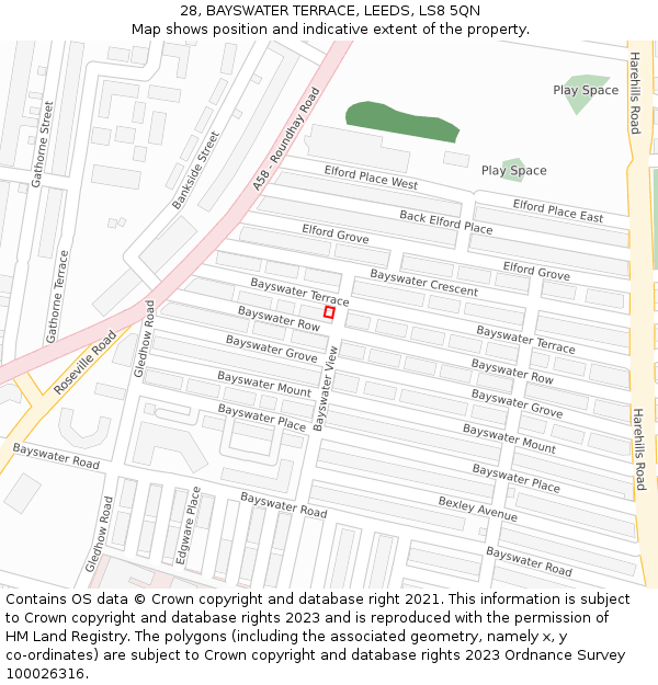 28, BAYSWATER TERRACE, LEEDS, LS8 5QN: Location map and indicative extent of plot